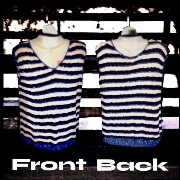 Sweater Vest V-Neck Navy Cream Light Blue Sparkly Striped Crochet Knit Size M - Picture 2 of 16